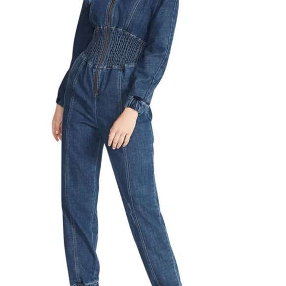 NWT Steve Madden "Nissa" Distressed Denim Smock-Waist Jumpsuit Size Small - Picture 3 of 16